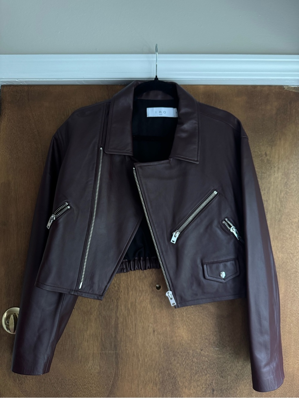 IRO Cropped Lamb Leather Jacket in Dark Brown